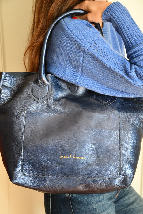 LE CABAS SYLVETTE EN CUIR METALLISE BLEU MARINE